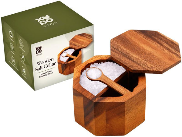 Aranya Wooden Salt Cellar with Lid and Spoon